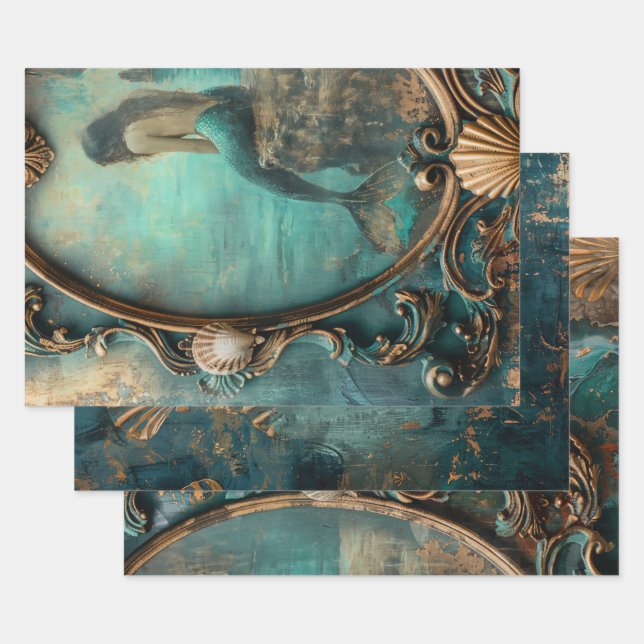 Mermaid Nautical Heavy Weight Decoupage Triptych Wrapping Paper Sheet (Set)