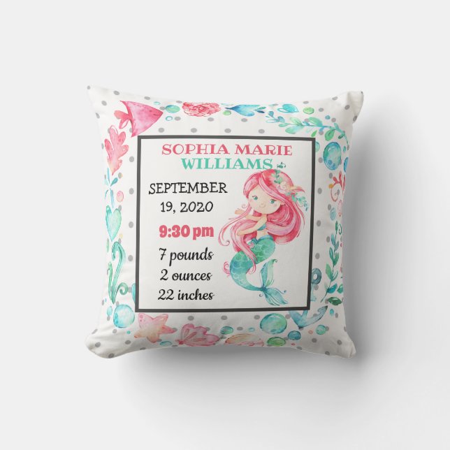 Mermaid Ocean Birth Stats Baby Announcement Girl Cushion (Front)