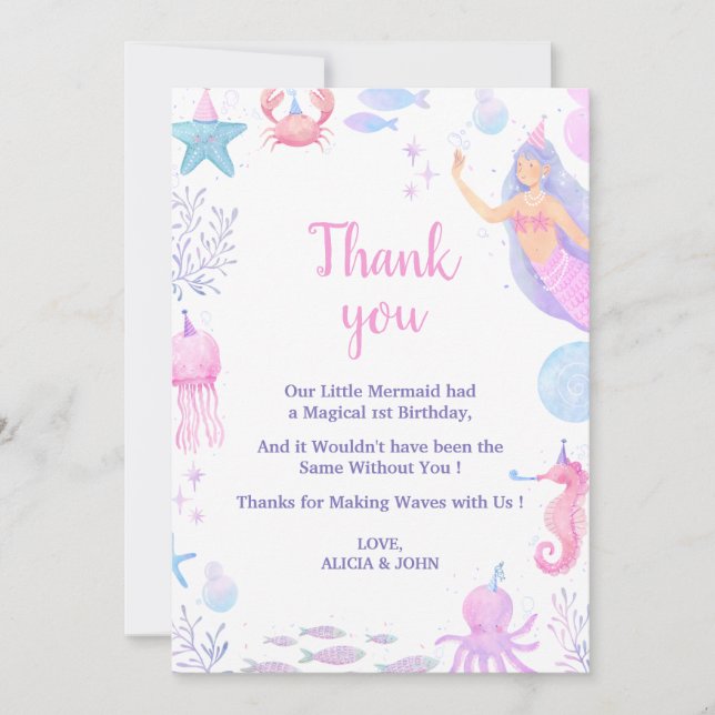 Mermaid Ocean Birthday Girl 1st Birthday Sea Life  Thank You Card (Front)
