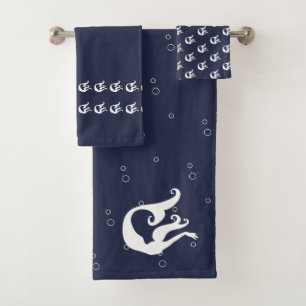 Mermaid Ocean Blue and White Bath Towel Set