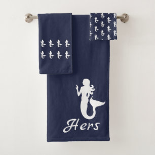 Mermaid Ocean Blue and White Hers Bath Towel Set