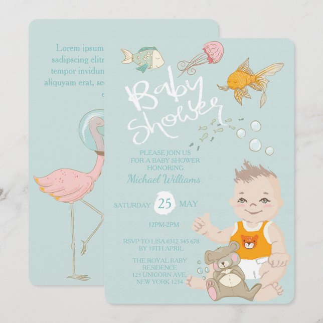 Mermaid Ocean Boy Invitation Blue Baby Shower (Front/Back)