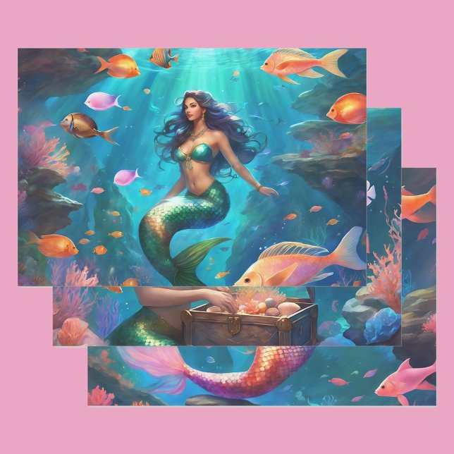 Mermaid Ocean Fish Girl's 3 Wrapping Paper Sheet (Creator Uploaded)
