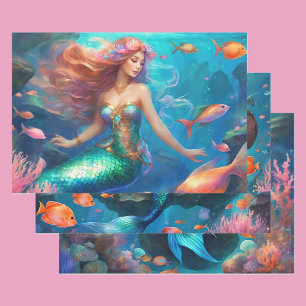 Mermaid Ocean Treasure Chest Girl's 3 Wrapping Paper Sheet