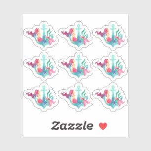 Mermaid on Anchor Nautical Watercolor Beach Girl