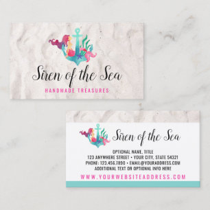 Mermaid on Anchor Nautical Watercolor Beach Sand Business Card