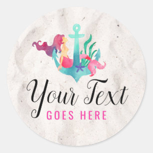 Mermaid on Anchor Nautical Watercolor Beach Sand Classic Round Sticker