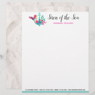 Mermaid on Anchor Nautical Watercolor Beach Sand Custom Letterhead