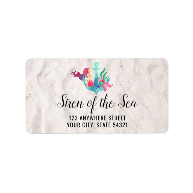Mermaid on Anchor Nautical Watercolor Beach Sand Label (Front)