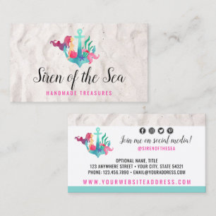Mermaid on Anchor Nautical Watercolor Social Media Business Card