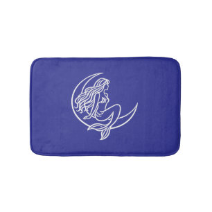Mermaid on Crescent Moon (White Line Art) Bath Mat