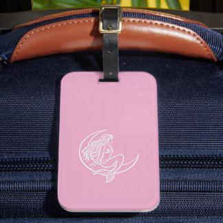 Mermaid on Crescent Moon (White Line Art) Luggage Tag