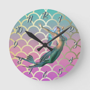 Mermaid On Ombre Mermaid Tail Scales Round Clock