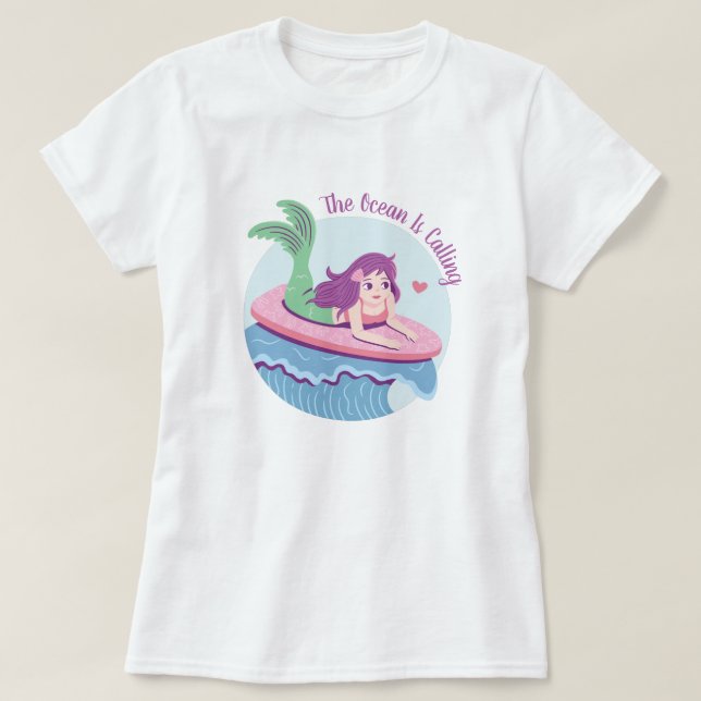Mermaid On Pink Surfboard The Ocean Is Coming T-Shirt (Design Front)