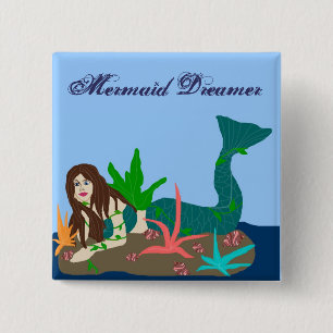Mermaid on rock, Mermaid Dreamer button