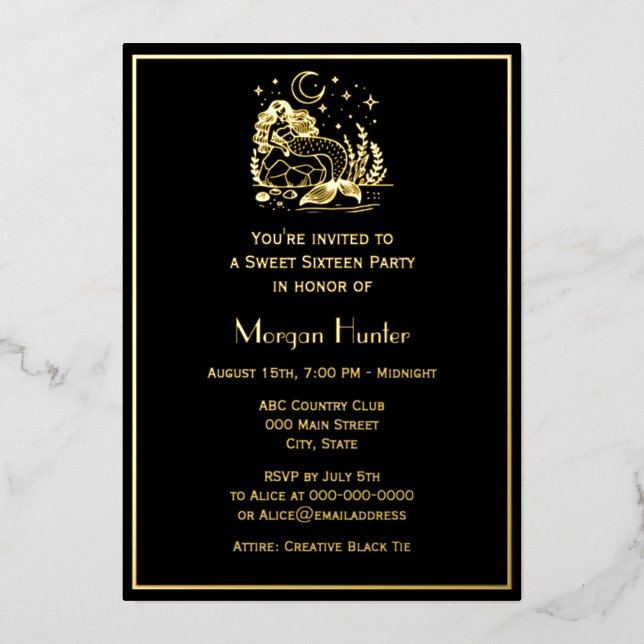 Mermaid on Rock Stars Moon Sweet Sixteen Foil Holiday Card (Front)