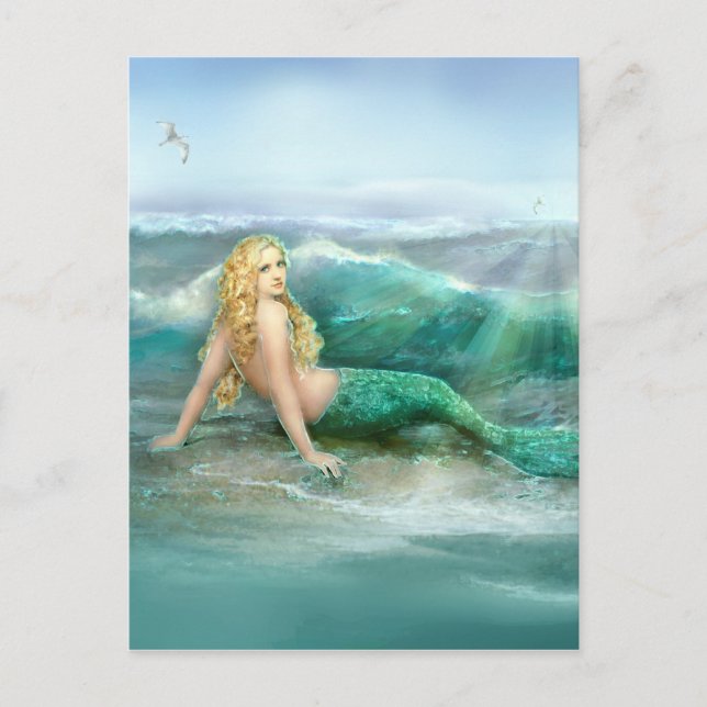Mermaid on Shore with Aqua Waves and Seagulls Postcard (Front)