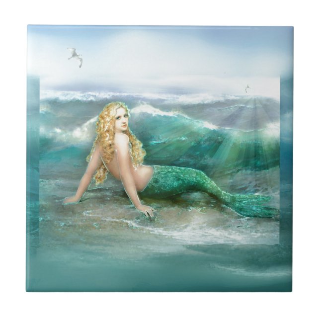 Mermaid on Shore with Aqua Waves and Seagulls Tile (Front)
