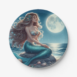 Mermaid on the beach at night paper plate