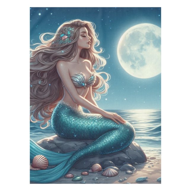Mermaid on the beach at night tablecloth (Front)