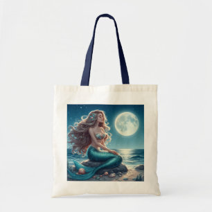Mermaid on the beach at night tote bag