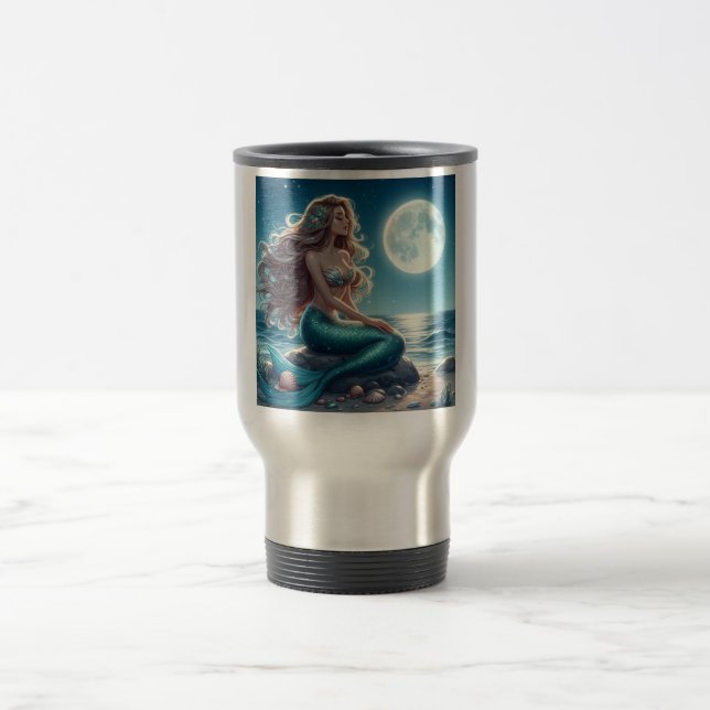 Mermaid on the beach at night travel mug (Center)