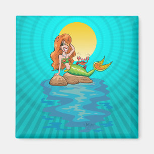 Mermaid on the Rocks with Friend under Yellow Moon Magnet