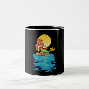 Mermaid on the Rocks with Friend under Yellow Moon Two-Tone Coffee Mug