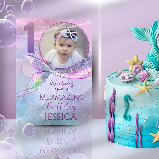 Mermaid One Photo 1st Birthday Card (Creator Uploaded)