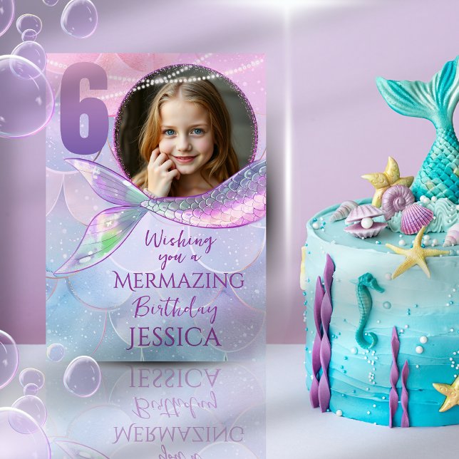 Mermaid One Photo 6th Birthday Card (Creator Uploaded)