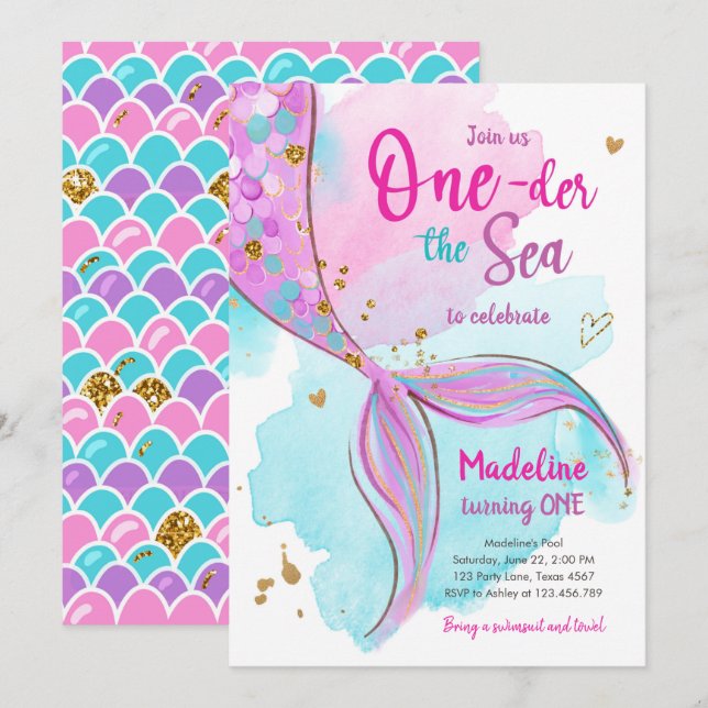 Mermaid One the Sea Pool Party Girl First Birthday Invitation (Front/Back)