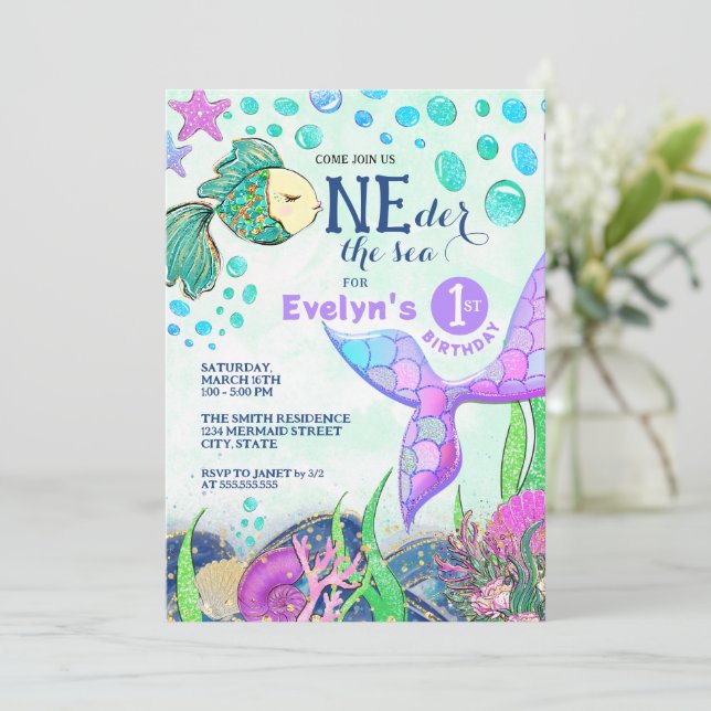 Mermaid ONEder the Sea 1st Birthday Invitation (Standing Front)