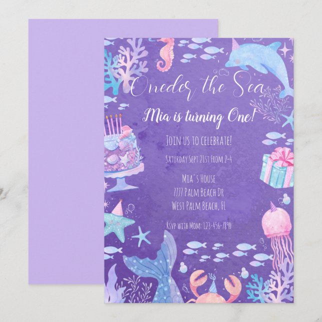 Mermaid Oneder the Sea 1st Birthday Invitation (Front/Back)