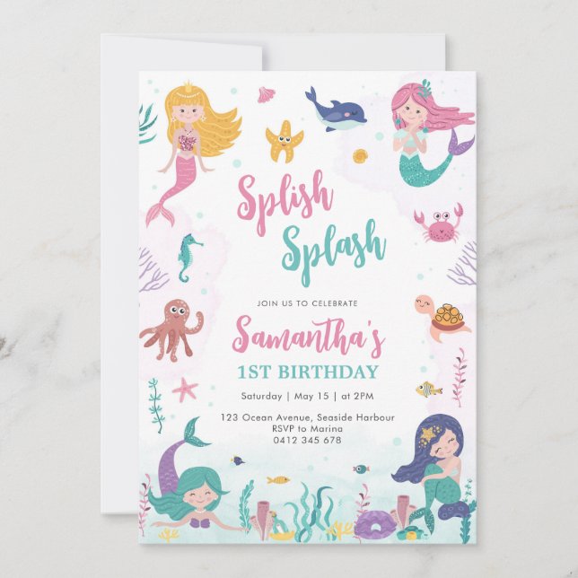 Mermaid Oneder The Sea 1st Birthday Invitation (Front)
