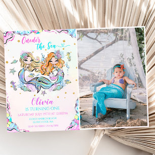 Mermaid Oneder The Sea 1st Birthday Party Photo Invitation