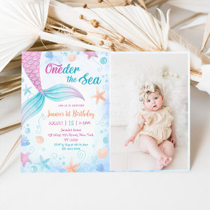Mermaid Oneder The Sea 1st Birthday Party Photo Invitation