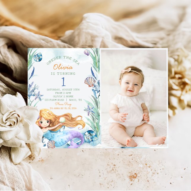 Mermaid Oneder The Sea 1st Birthday Party Photo Invitation (Creator Uploaded)