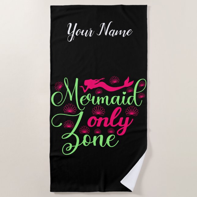 Mermaid Only Zone in Hot Pink and Neon Green Beach Towel (Front)