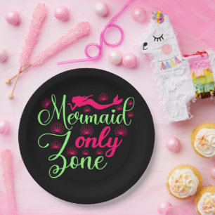 Mermaid Only Zone in Hot Pink and Neon Green Paper Plate