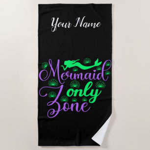 Mermaid Only Zone in Neon Green and Purple Beach Towel