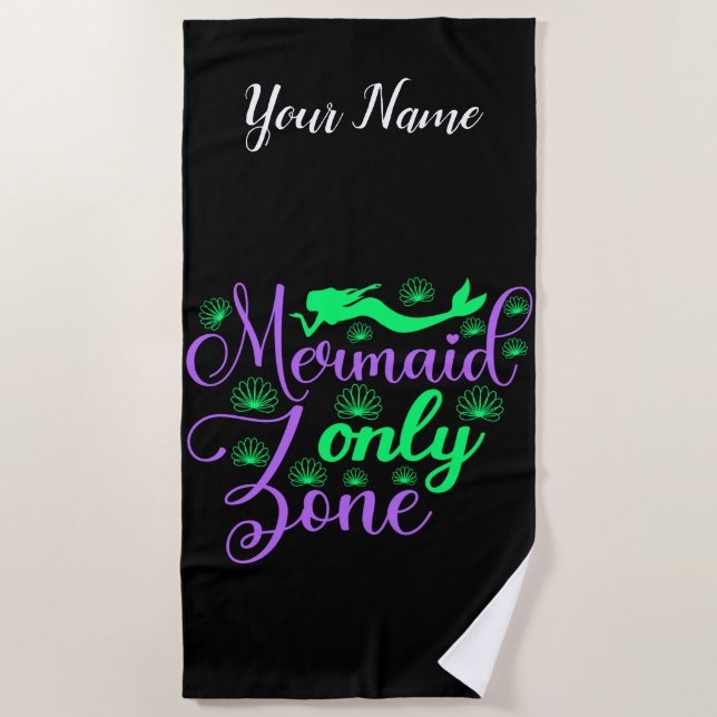 Mermaid Only Zone in Neon Green and Purple Beach Towel (Front)