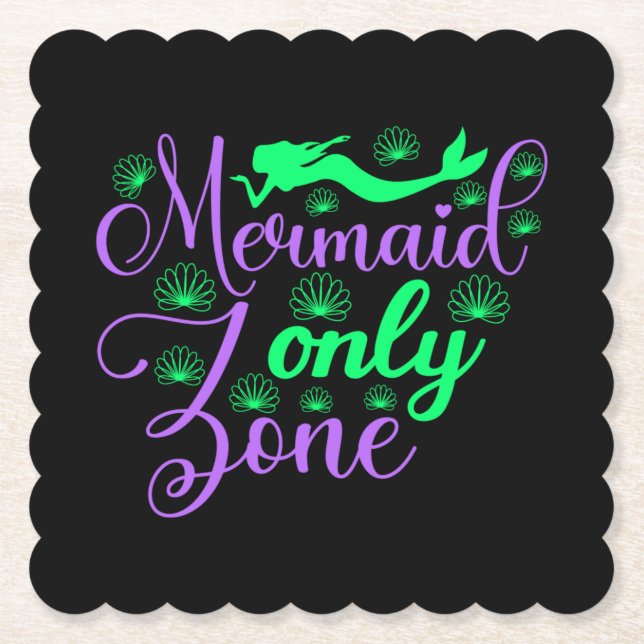 Mermaid Only Zone in Neon Green and Purple Paper Coaster (Front)