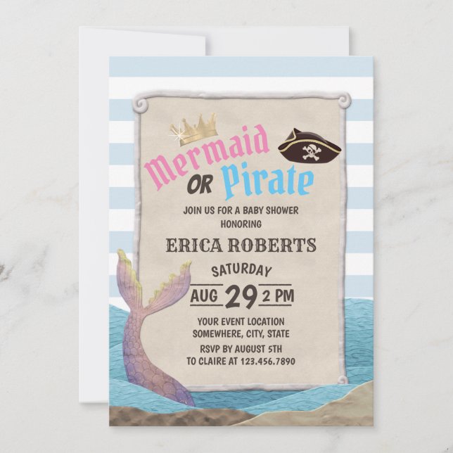 Mermaid or Pirate Blue Stripes Baby Shower Invitation (Front)