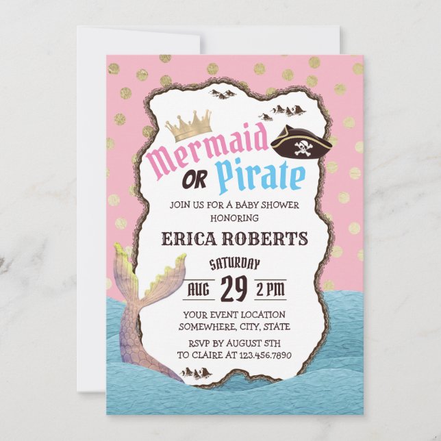 Mermaid or Pirate Modern Gold Dots Baby Shower Invitation (Front)