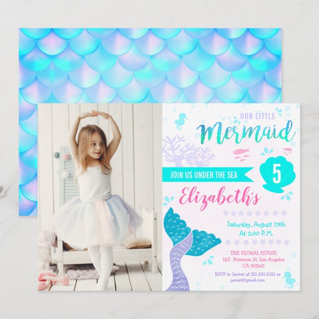 Mermaid or Under The Sea Aqua Teal Birthday Photo Invitation (Front/Back)