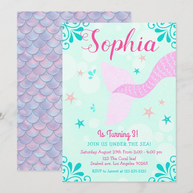 Mermaid or Under The Sea Aqua Teal Splash Birthday Invitation (Front/Back)