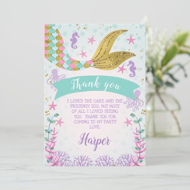 Mermaid Or Under The Sea Birthday Thank You Card (Standing Front)