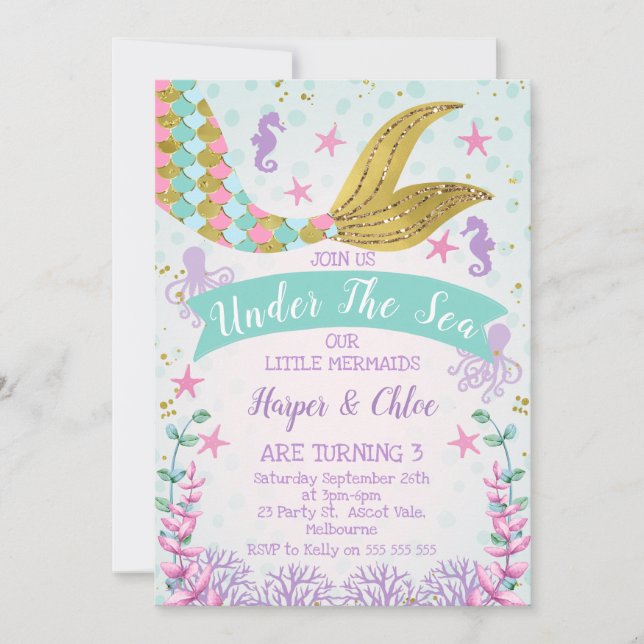 Mermaid Or Under The Sea Joint Twins Birthday Invitation (Front)