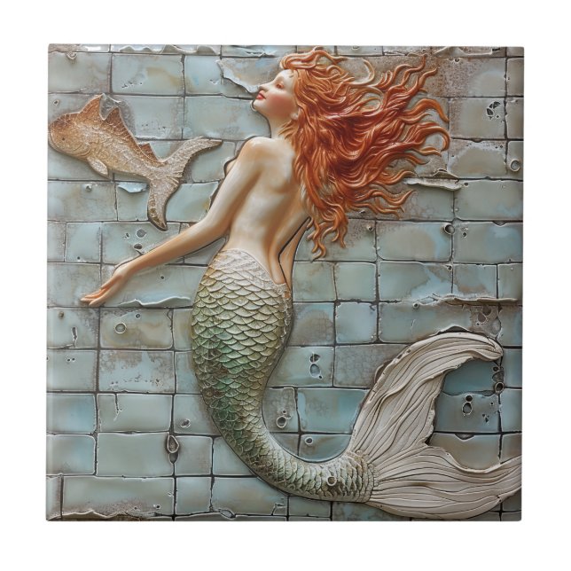 Mermaid Orange Hair Mosaic 3D Effect Tile (Front)