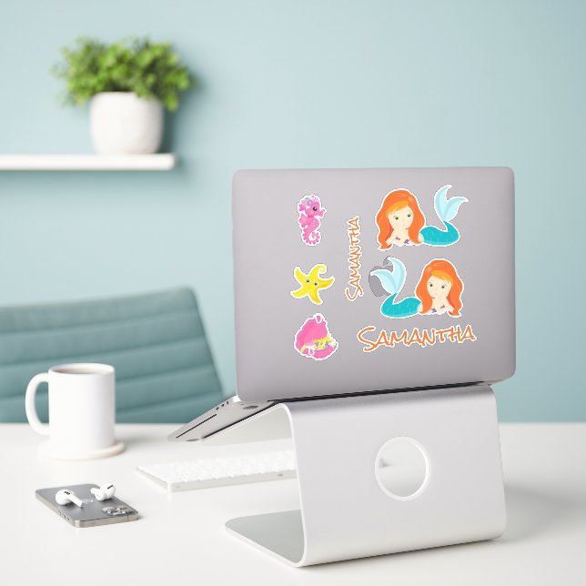Mermaid Orange Sea friends Sticker (Laptop On Desk)